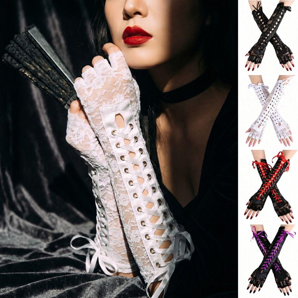 Lolita Spitzenband Handschuhe Lange Handschuhe Elastische Damen Handschuhe Süßes Band Halbfingerhandschuhe Party