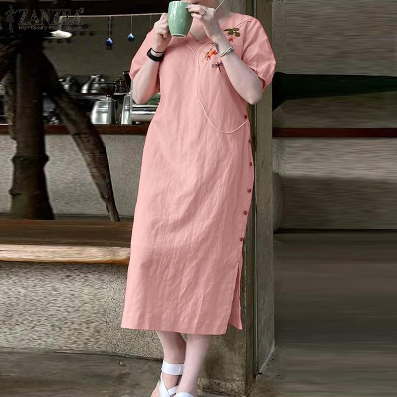 

ZANZEA женское однотонное плиссированное платье с v-образным вырезом и короткими рукавами, боковыми разрезами на пуговицах и сборной талией 5XL жёлтый