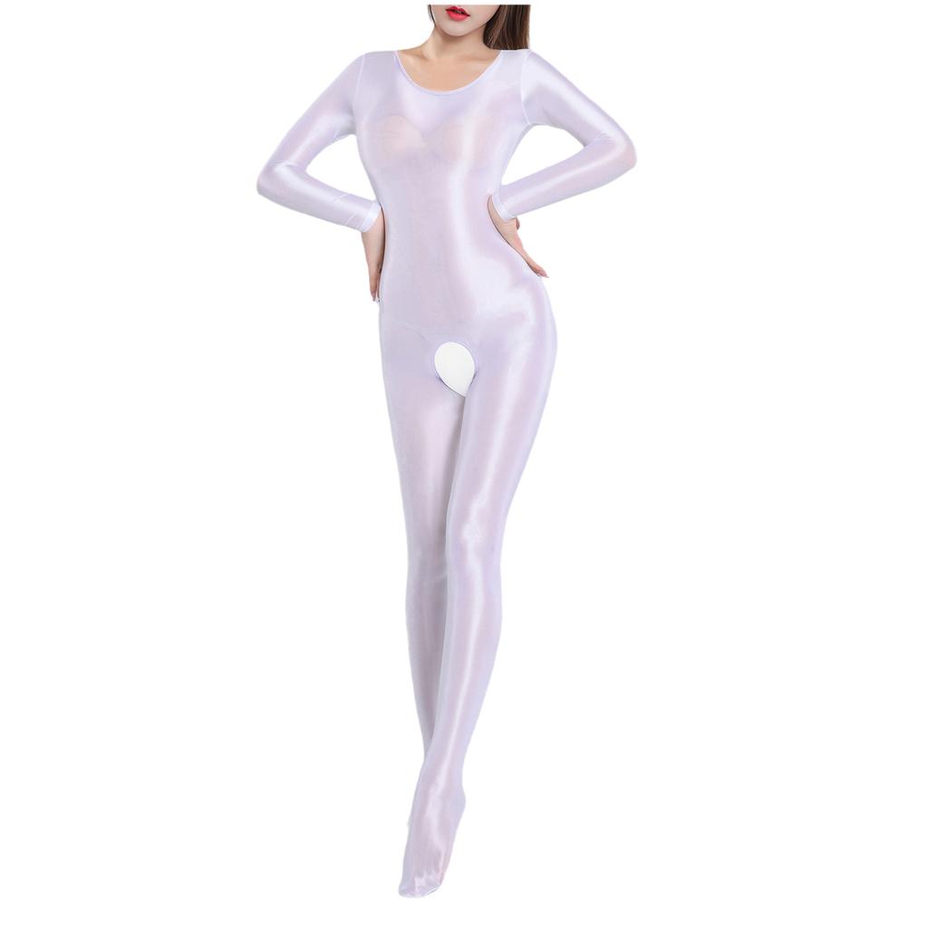 Womens Glossy Smooth Full Body Jumpsuit Long Sleeve Stretchy Bodysuit