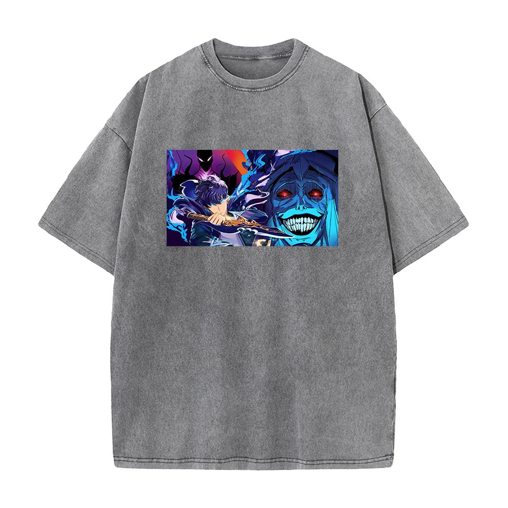 Hot Anime Solo Leveling Sung Jin-Woo Print Washed T-shirt Men Manga Cotton Tshirts Casual Loose Tee Harajuku Male Street T Shirt