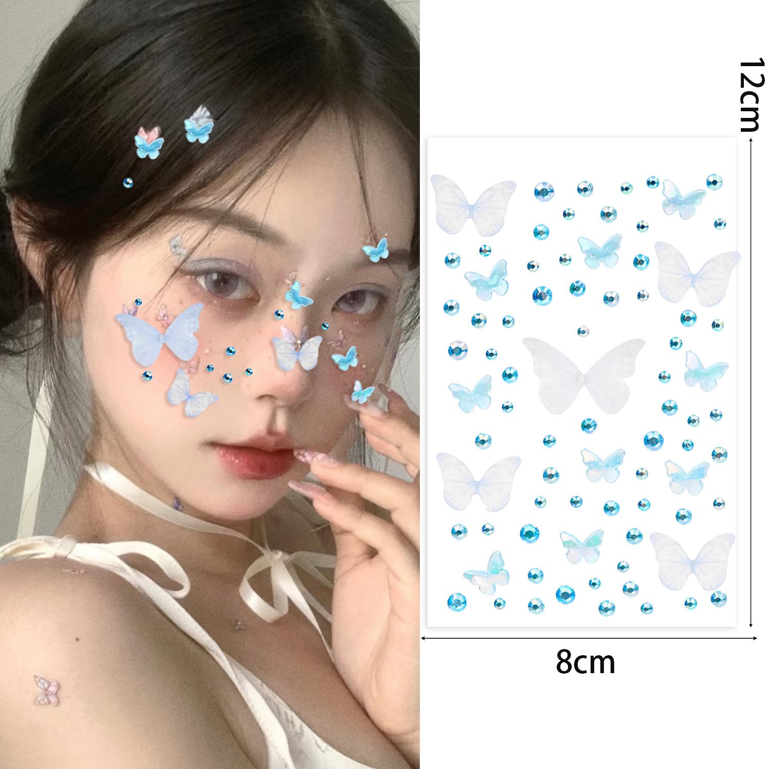

Butterfly Crystal Diamond Sticker Self Adhesive DIY Facial Temporary Tattoos Stickers for Stage Daily Makeup Decorate Supplies синий