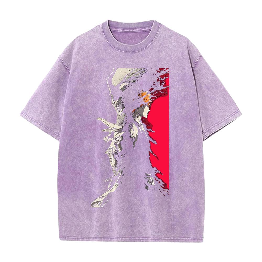 Kurosaki Ichigo Printed Tee Anime BLEACH Clothing Men Women Retro Washed T-shirts Short Sleeve Tshirt Harajuku Cotton T Shirt S фиолетовый