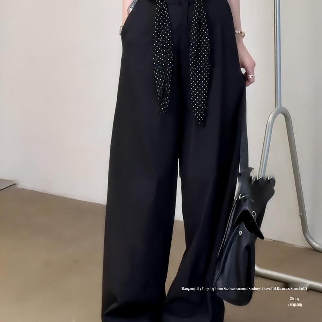 Women's High-End Black Wide-Leg Suit Pants: Autumn Loose-Fit, Slimming, Versatile, Straight-Leg, Floor-Length