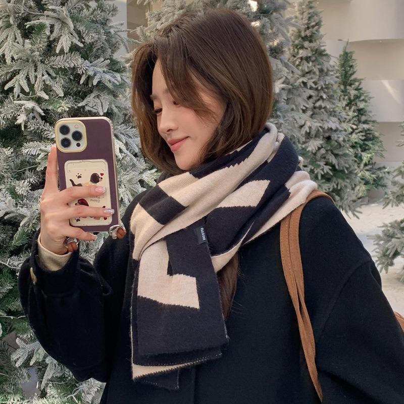 New knitted scarf women's winter versatile college style letter imitation rabbit fur couple scarf