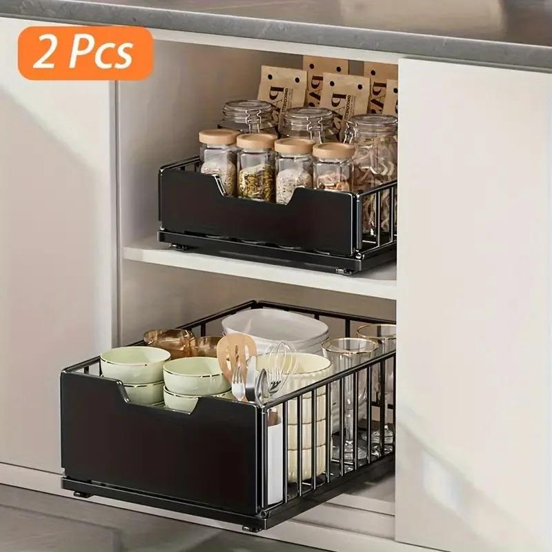 2pcs Pull-Out Under-Sink Storage Basket Foldable Sliding Drawer Organizer for Kitchen Cabinet Pantry Bathroom Accessories