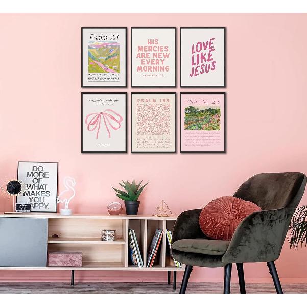 6Pcs Christian Wall Art Pink Bible Verse Canvas Bow Paintings Cute Preppy Posters Coquette Aesthetic Prints Trendy Scripture Jesus Picture Wall Decor