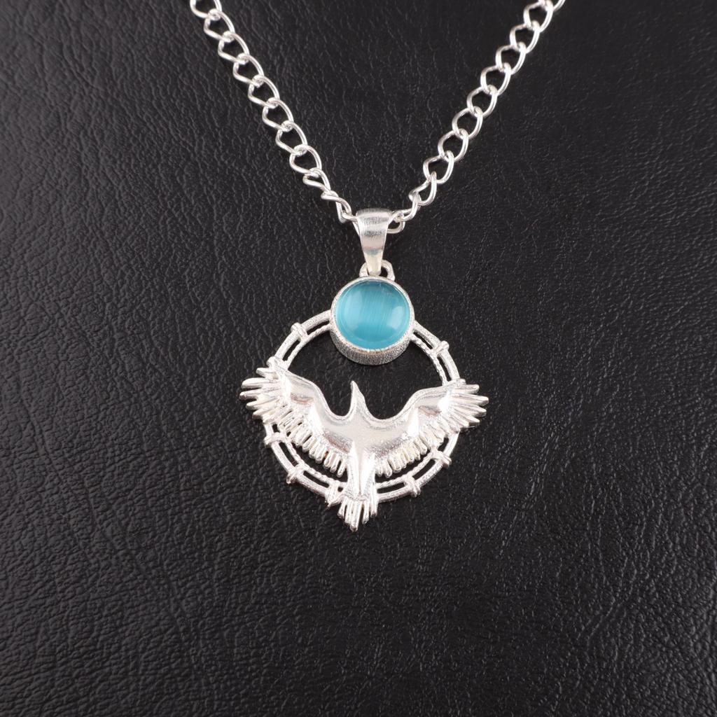 Rare Blue Cat's Eye Gemstone 925 Sterling Silver Jewelry Handmade Pendant 1.43" CP-38-46