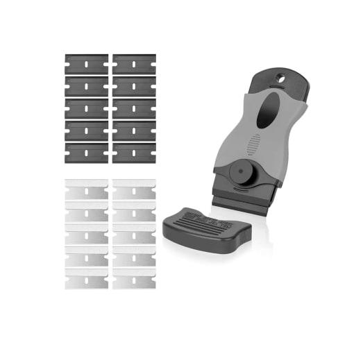 

Single-Ended Spade Safety Scraper for Glass, Stain Removal, Sticker, Label, and Adhesive Removal, Stain Removal, and Cleaning (Gray) (Includes 10 Plas