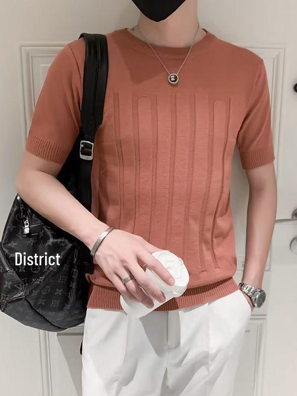 Herren Trendiges Gestreiftes Eis-Seide Slim Fit T-Shirt - Atmungsaktiv, Kurze Halbarme