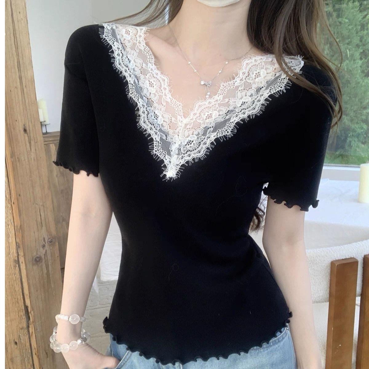 

В язана футболка з коротким рукавом та V-подібним вирізом, з мереживною вставкою, універсальний короткий топ для жінок one size чорний