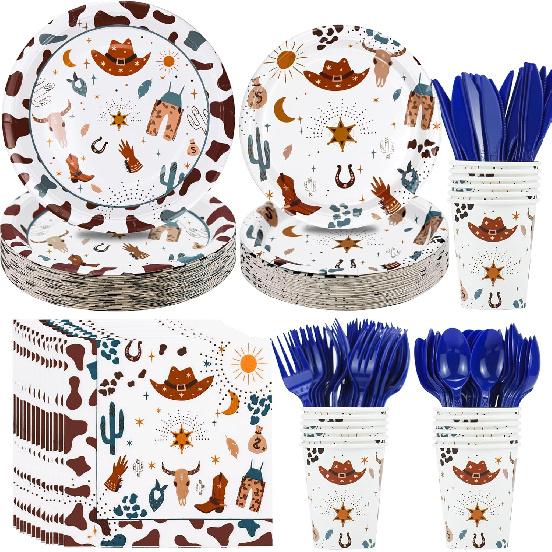 Western Cowboy Party Decorations Tableware - Cowboy Birthday Party Supplies Include Paper Plate, Napkin, Tablecloth, Cutlery, Wild West Cowboy Theme