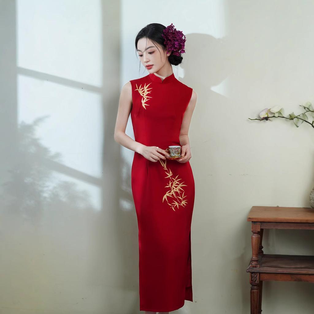 Cheongsam New Chinese 1011 Red Improved Young Republic of China Style Acetic Acid Embroidered Long Dress Double Layer