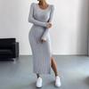 Fall Winter Women's Long Sleeve Crew Neck Slit Maxi Knit Dress, In Stock For Crossborder European American Size, Casual Long Dress For Women