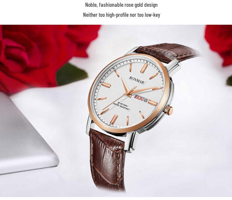 Unisex Waterproof Cowhide Strap Watch with Dual Calendar for Teens and Adults