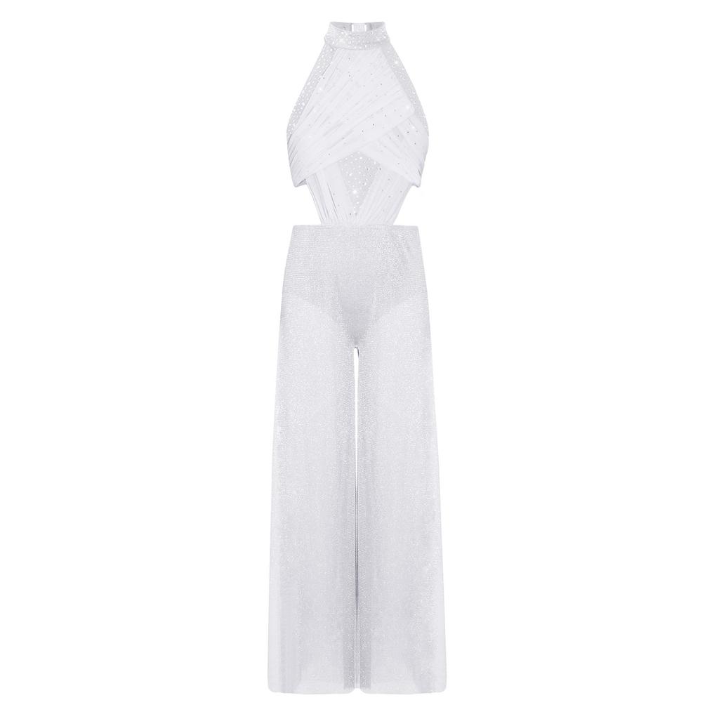 Tuta Larga da Ragazza Scollo all'Americana Senza Maniche Rucherata Rete Davanti Schiena con Laccetti Strass Costume da Ballo
