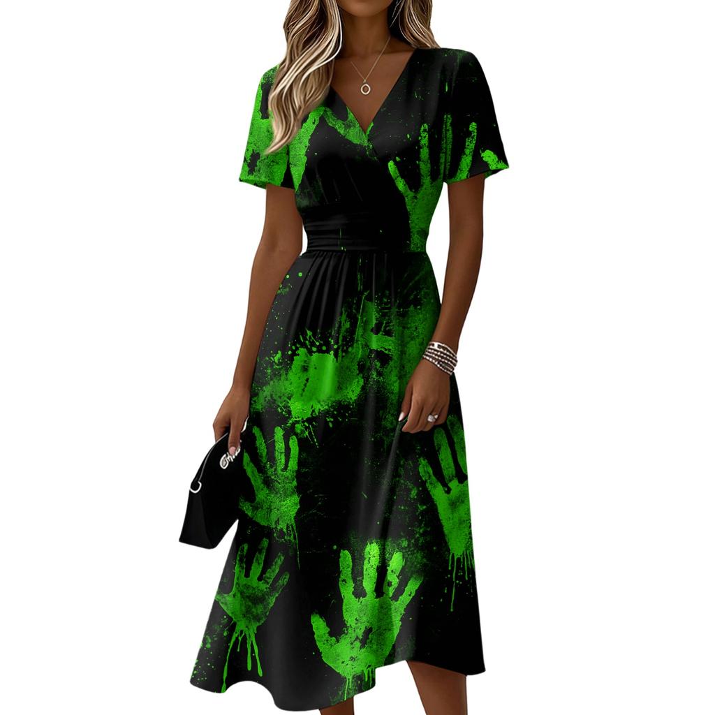 Women's Casual Short Sleeve V-Neck Dress with Halloween Print for Everyday Wear