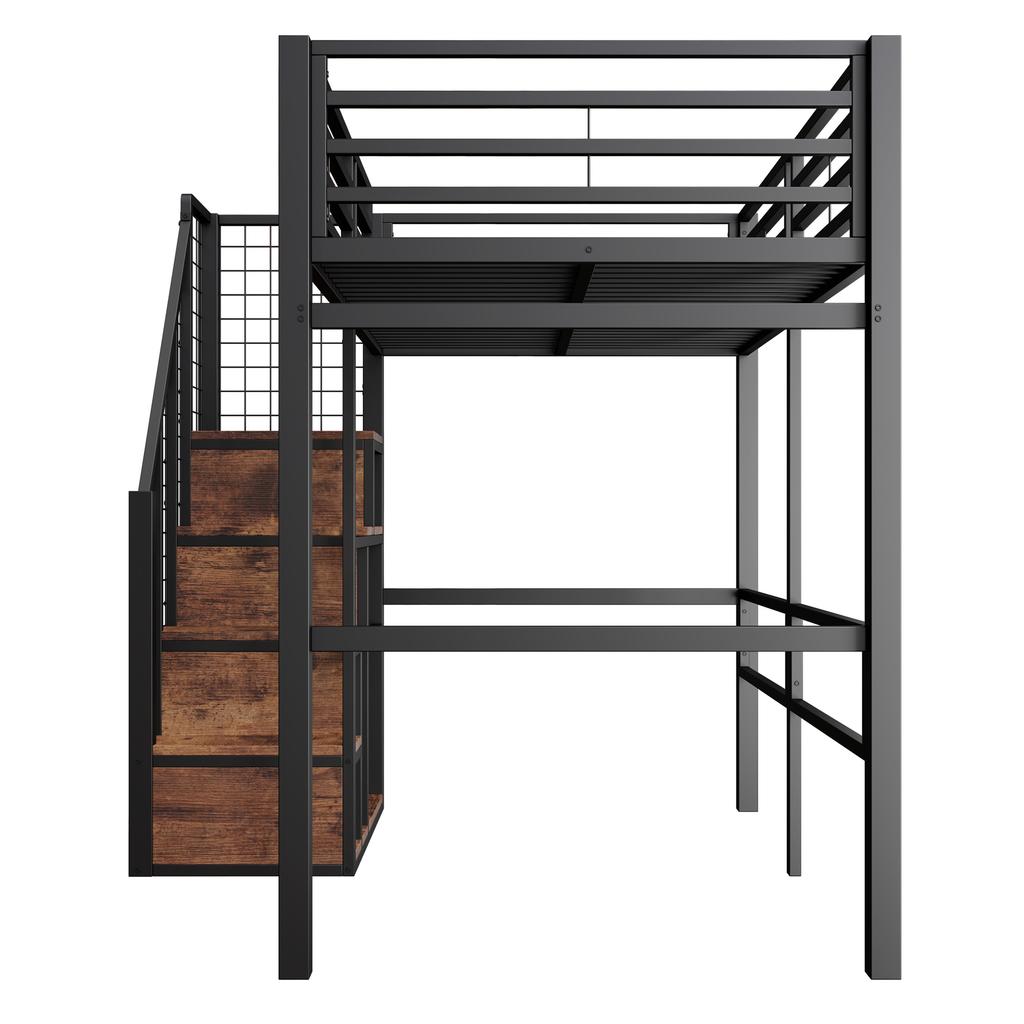 Loft Bed with Safety Ladder 90*200, Children's Bed with Iron Frame and Storage Area, Youth Bed, Single Bed, Black