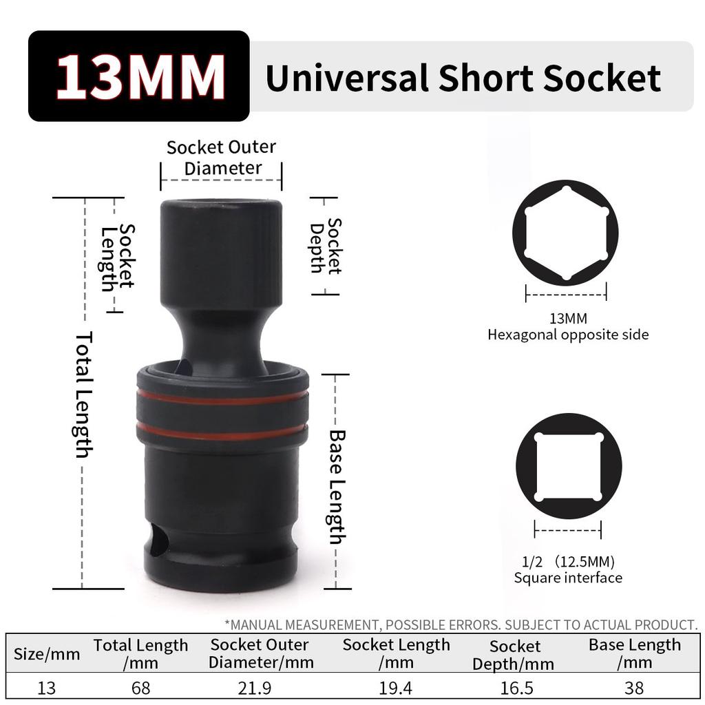 1/2inch Drive 10-24mm Universal Joint Hex Short Socket Electric Wrench Adapter 360°Swivel Impact Socket For Pneumatic Wrench