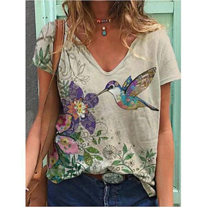 New Summer Women's V-neck Short Sleeve T-shirt with High Quality 3D Printed Animal Bird T-shirt