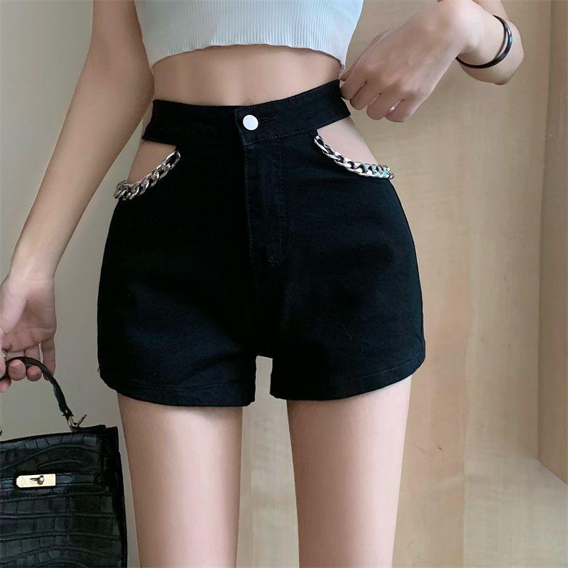 

Сексуальные полые шорты с высокой талией для похудения, супер длинные джинсовые шорты для женщин, летние горячие девушки, универсальные трендовые шорты XL чёрный