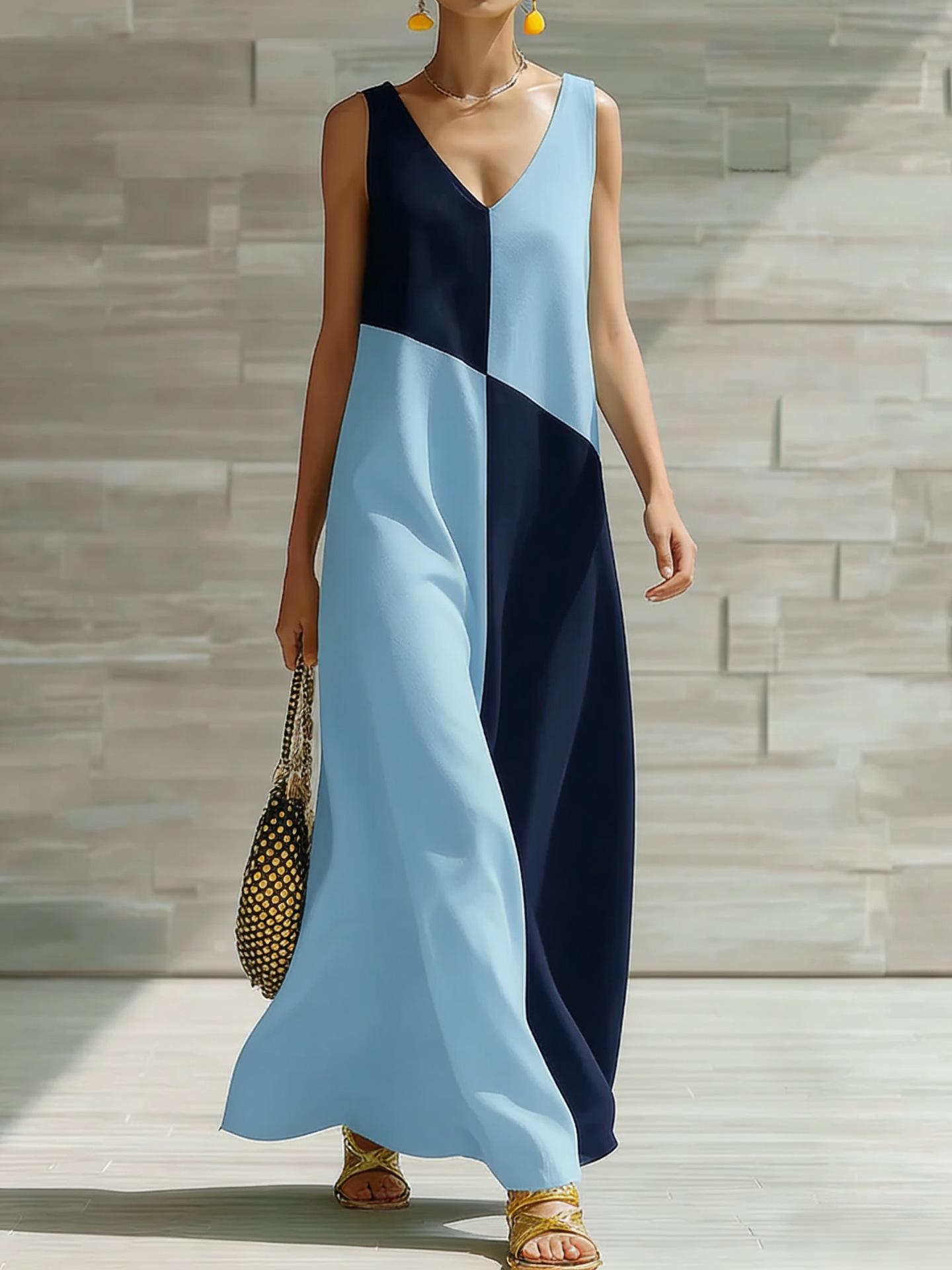 Women Color Block V Neck Maxi Dress Sleeveless A Line Casual Summer Dress S