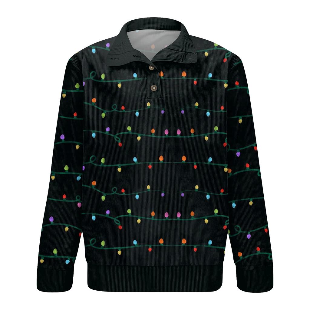 Men's Christmas Cotton Pullover Long Sleeve Outdoor Shirt Vintage Corduroy Button Stand Collar Shirt Casual Sweatshirt Christmas Print Top