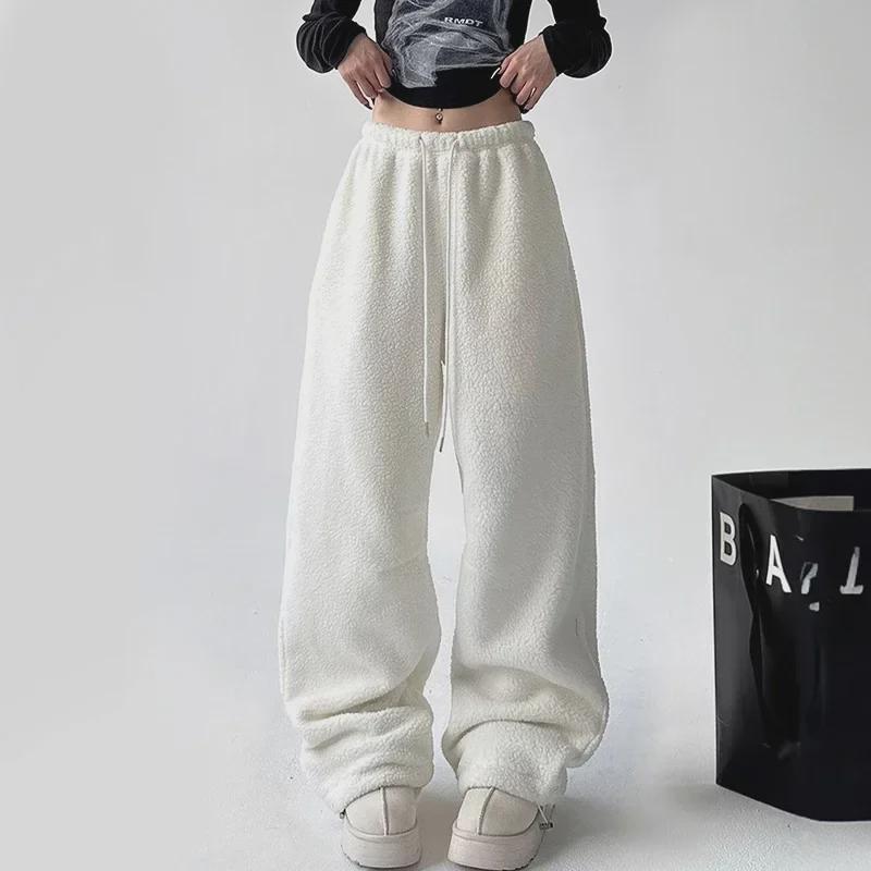 Damskie dwustronne pluszowe polarowe spodnie z szerokimi nogawkami – leniwe, stylowe, z wysokim stanem, ciepłe, luźne, wszechstronne spodnie zimowe.