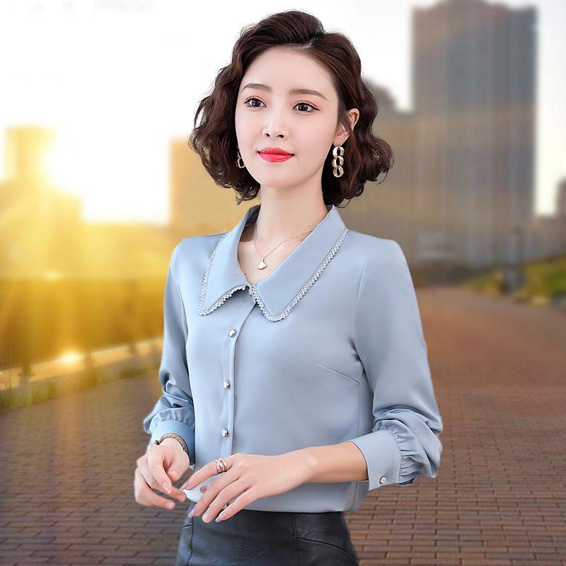Women's Chiffon Long Sleeve Doll Collar Top for Spring/Autumn