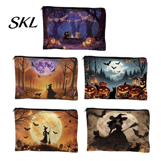 Witch Pumpkin Pattern Bag Storage Bag, with Smooth Zipper, Thickened Polyester Large Capacity Thick Canvas Cosmetic Halloween Printed Pouch Small Item