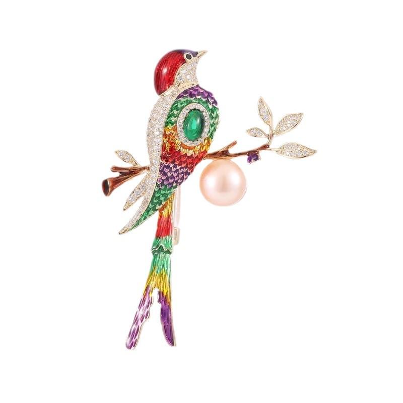 Elegant Chinese Style Colorful Magpie Pearl Brooch - Unique Women's Niche Design Pin Accessory