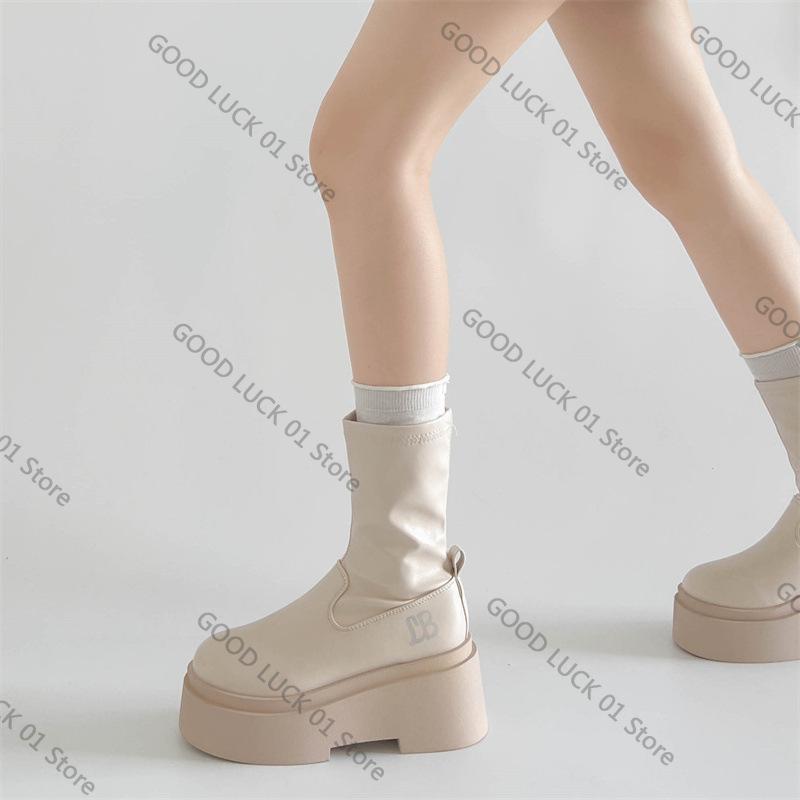 Mode 2025 Höst Vinter Punkstil Kvinnor Ankelstövlar Plattform Tjock Sula Skor Kvinnliga Slip On Korta Stövletter Zapatos De Mujer