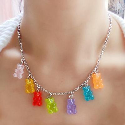 Colorful Bear Pendant Necklace: Sweet Resin Jewelry for Women