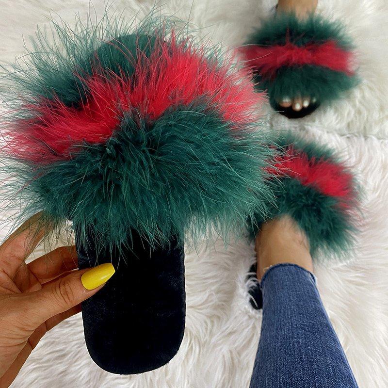 Fashion Mix Color Faux Fur Cotton Slippers for Women Fashion Open Toe Flats Slippers Woman Indoor Lightweight Non Slip Plush Slides Lady