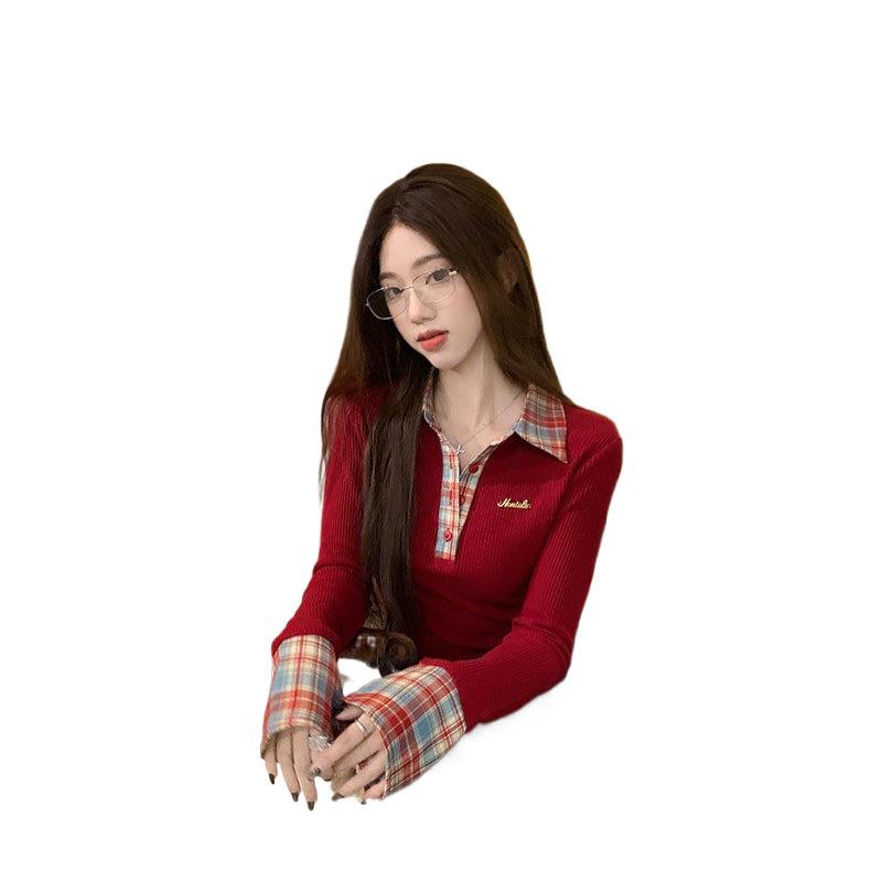 2025 Women's Autumn Two-Piece Plaid Polo Collar Long Sleeve T-Shirt