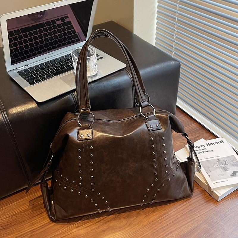 

Studded Punk Style Big Shoulder Bags For Women Soft PU Leather Rivet Decor Large Capacity Shopper Totes Quality Designer Handbag 40x28x15cm кавовий