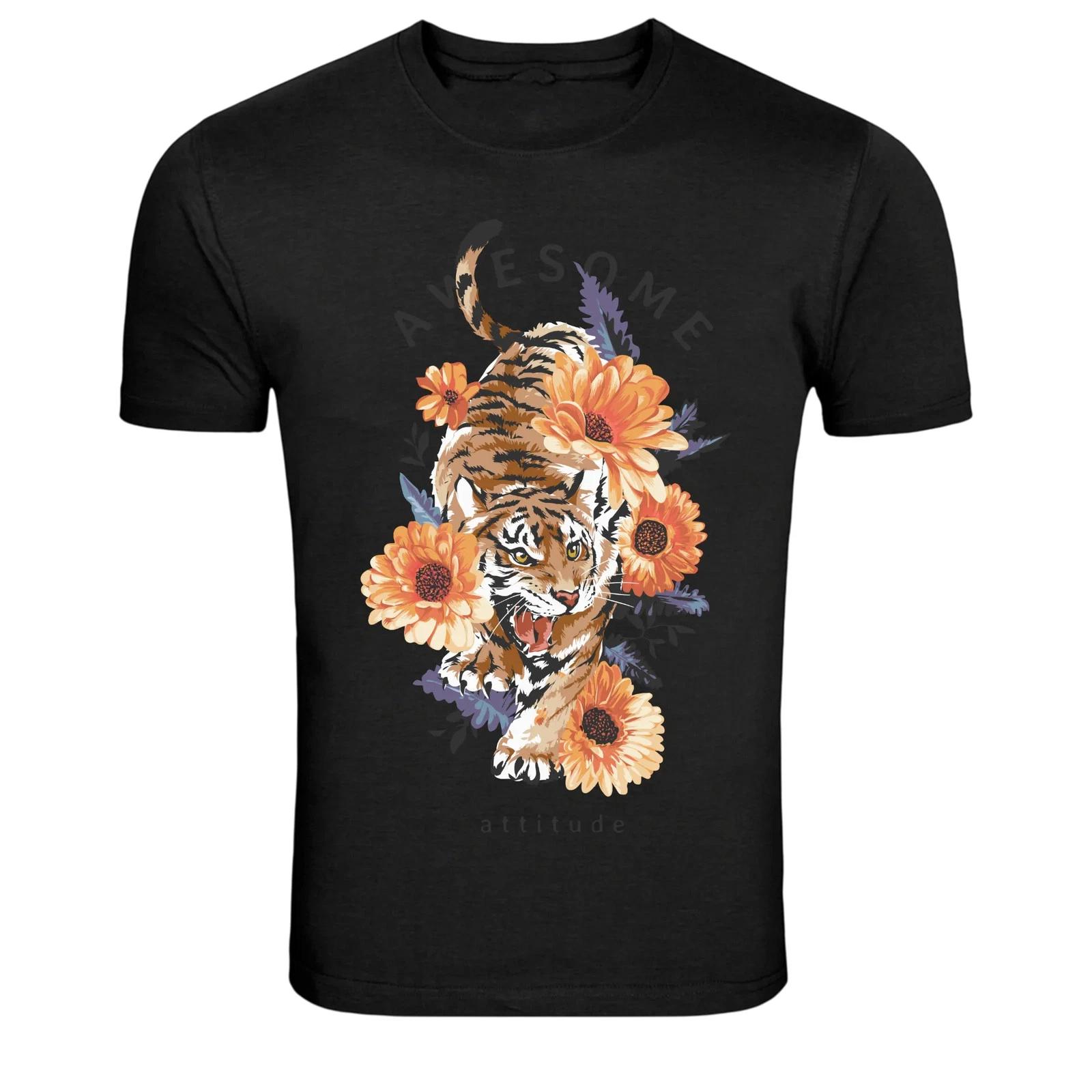 Awesome Tiger With Flowers Attitude Graphic T-Shirt 2XL
