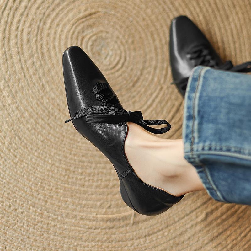 Fashion 2025 Spring Women Pumps Square Toe Chunky Heel Women Shoes Casual Lace-up Women Loafers Handmade Ladies Shoes Genuine Leather