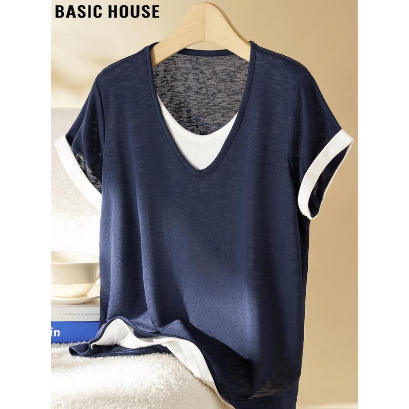 Basic House Women s Tencel Blend V-Neck Short Sleeve T-Shirt L