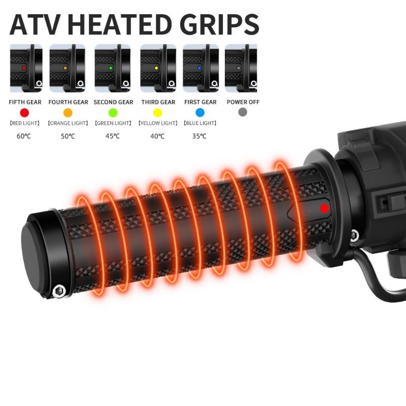 12 V Heated Handlebar Grip Set for Cold-Weather Handlebar Use with 5-Level Control, Previous-Setting Memory, 2-Clamp Structure, and Accessories