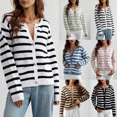 Women's  And Winter Button Striped Knitted Cardigan Long Sleeve Sweater