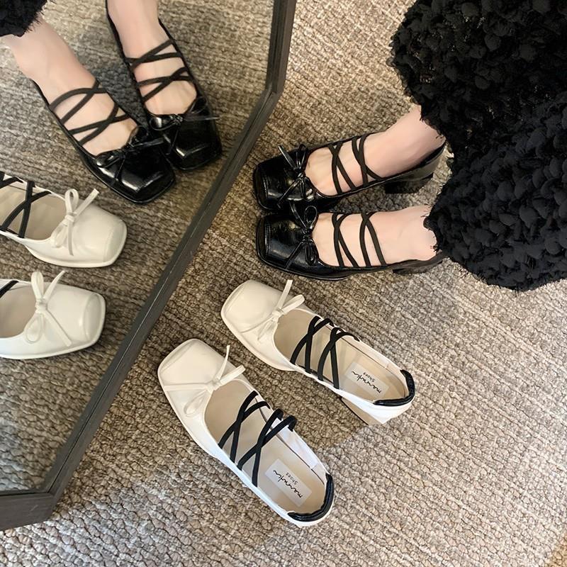 Französische Retro Mary Jane Schuhe Damen 2025 Frühling neue dicke Ferse eckige Spitze Schleife kleine Lederschuhe mit einzelnen Schuhen