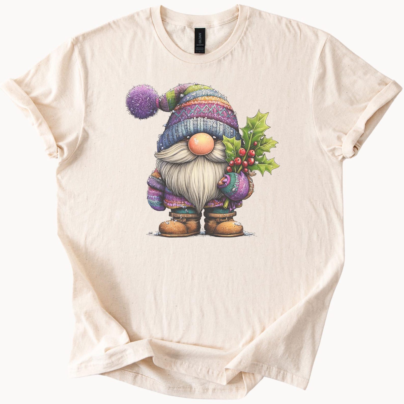 Christmas Gnome T Shirt Holiday Nordic Gnome in Colorful Winter Hat with Holly and Berries Cute Festive Scandinavian Christmas Shirt 110