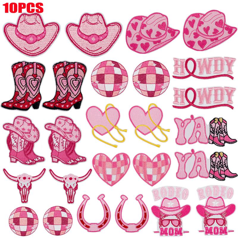 10PCS/lots Pink Western Cowboy Embroidered DIY Iron On Patches For Hats Jackets Jeans Sew Badges Pink Cartoon Embroidery Patch
