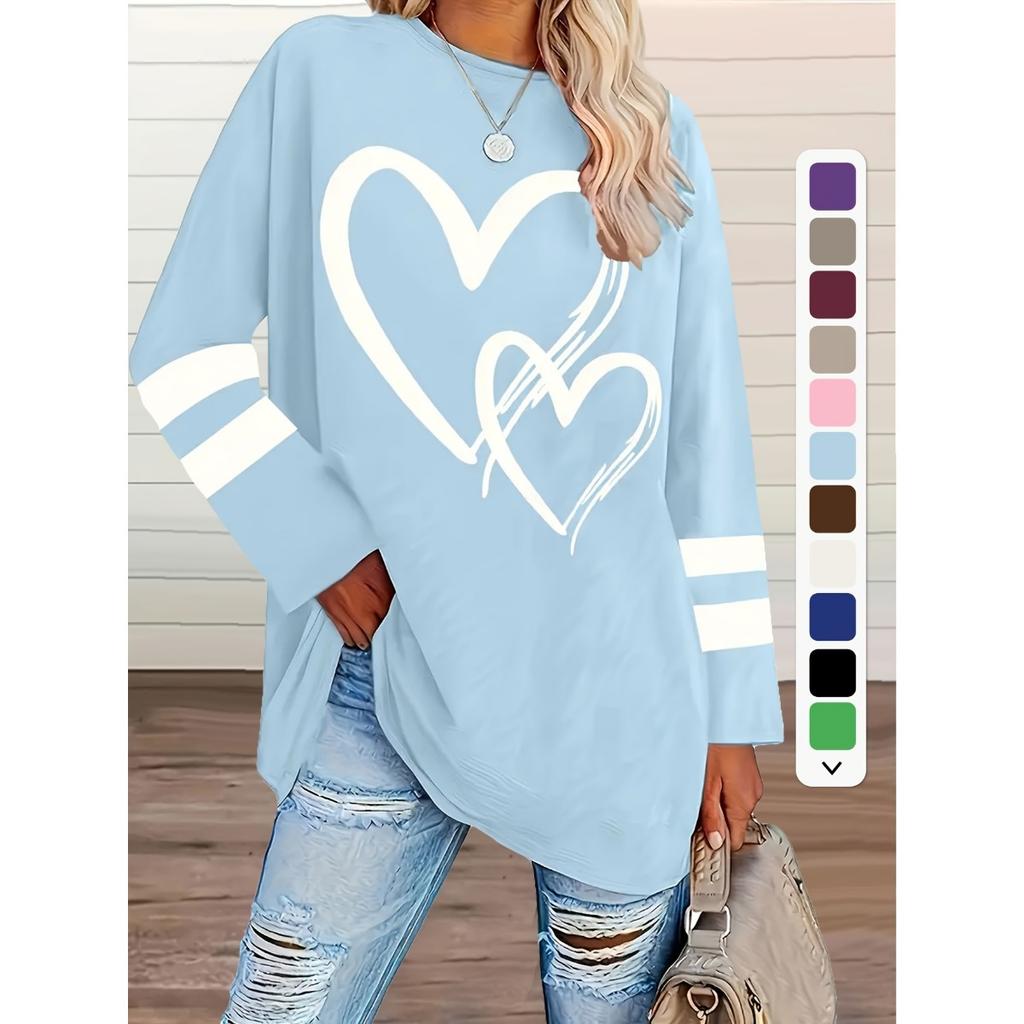 T-shirt da Donna Taglie Forti, Maglia Casual a Girocollo Manica Lunga con Stampa a Cuore, Abbigliamento da Donna Taglie Forti all'Ingrosso