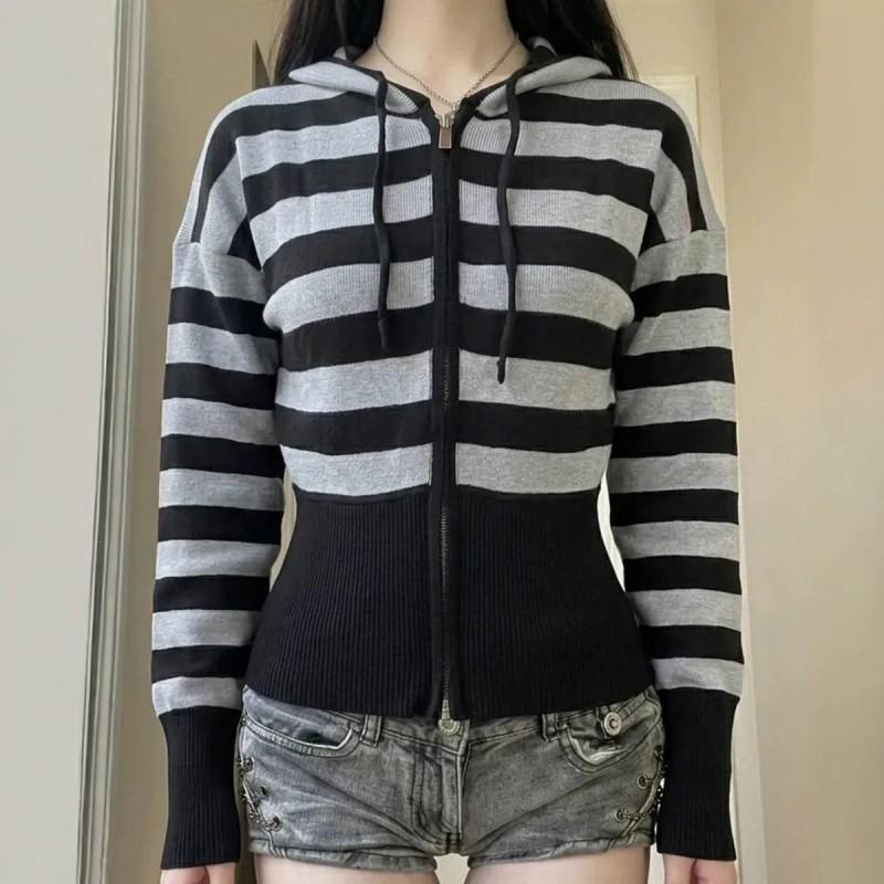 Womens Vintage Striped Cropped Knit Cardigan Slim Fit Streetwear Top