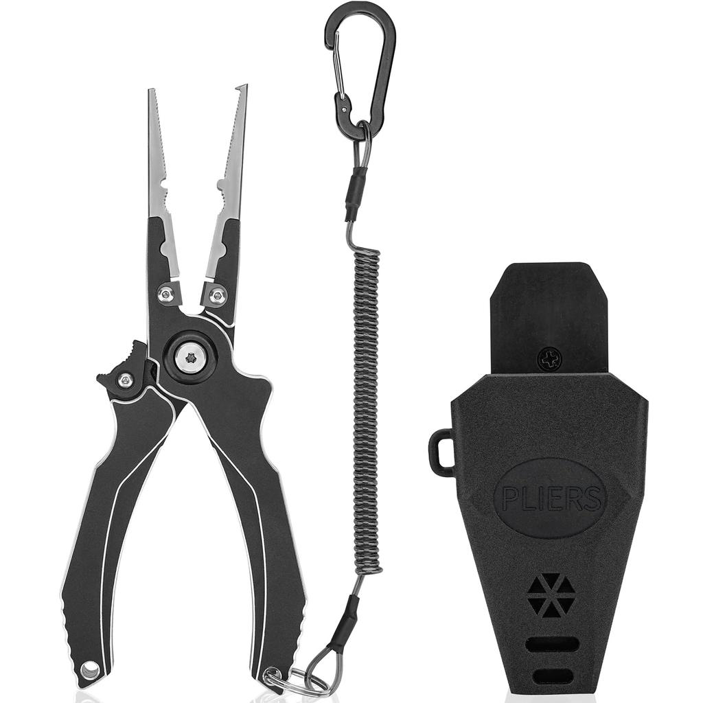 LIOKEN Aluminum Alloy Fishing Pliers with Tungsten Carbide Cutter, Rust-Resistant, Lightweight, Cuts PE Line, Includes a Butt Rope, and Includes a