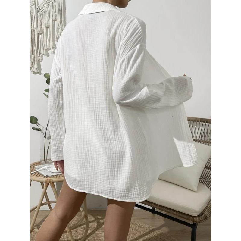 Women's Spring and Summer Fashion Solid Colour Long-sleeved Shirt Suit Women Casual Loose Shorts Two-piece Set