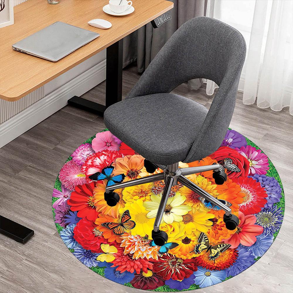 1pc Floral Butterfly Pattern Office Round Rugs, Under Chair Round Rugs for Living Room, Bedroom, Bathroom Decoration Carpet 091845