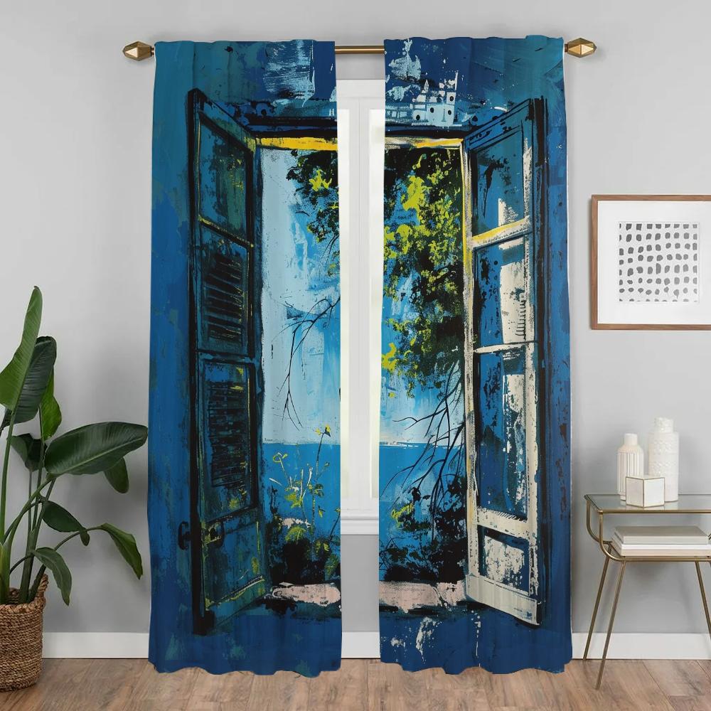 Blue Window Blackout Curtain for Room 2 Panel Home Interior Curtains Partition Tulle for Bedroom Shades Halloween Decoration
