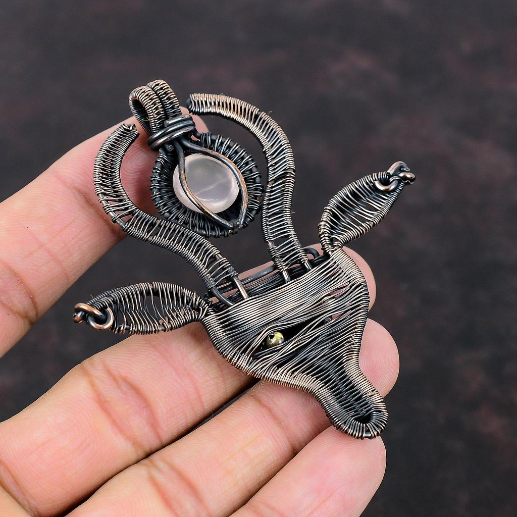 Rose Quartz Pendant Copper Wire Wrapped Pendant Gemstone Pendant Cow Face Jewelry Handmade Pendant Gift For Him Unique Copper Design Jewelry